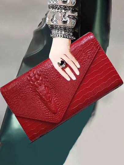 奢华 PU 皮革斜挎包，时尚百搭女士手提包，个性时尚鳄鱼纹手拿包