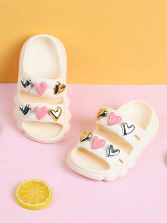 1 Pair Child/Toddler Girls' Triple Color Heart Decorative Non-Slip Breathable Sandals, Outdoor Slip-On Casual Beach Shoes For Summer
