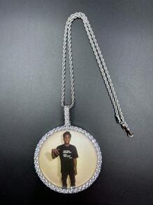 Customized Large Round Frame Photo Pendant Necklace, Brass & Zirconia Sparkling, DIY Photo, Hip Hop Daily Wear Jewelry, With 50cm Twisted Chain Gift, Silver, Stylish, Colorful, Vintage, Simple, Unisex, Casual, Cuties, Custom, Personalized, Unique, Ideal Gifts For Him, Middle School Students, High School Senior High School Students, College Students, University Students, Freshman, Sophomore, Underclassmen,Chic Autum, Chic Winter