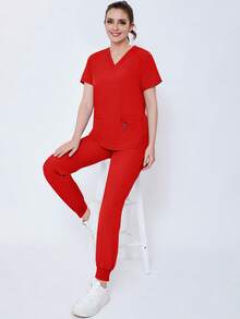 (Four-Piece Set) Scrubs Uniform Women's Running Matte Elastic Sports Nurse  Uniform Wash Clothes Work Clothes Breathable Scrub Shirt - 紅色 - 查看 8