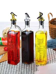 1 个 500 毫升玻璃油瓶，厨房家用酱油醋调味瓶，橄榄油分配器，厨房调味品储存瓶，储物容器，油分配器，自动打开/关闭油瓶，油瓶架，瓶托盘，厨房收纳盒，适用于烹饪、烘焙、沙拉、烧烤 - 彩色 - 查看 7