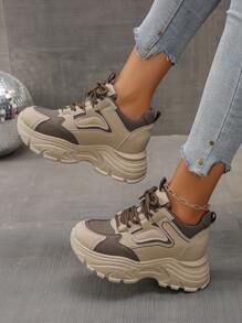 Women's Platform Thick Bottom Sneakers, Spring Autumn New Versatile Slimming Elevator Lace-Up Casual Shoes