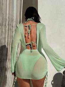 Mesh Skirt Set With Low Neck, Drawstring, Drape, 3 Pieces, Sexy & Vacation Wear For Summer - Mint Green - View 3