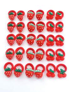 10pcs Children Cute Fruit Strawberry Cherry Flower Heart Hair Ties, Small Girls' Seamless Hair Bands, Red - Red - View 5