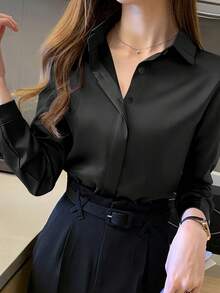 Women's Elegant Black Long Sleeve Blouse, Semi-Sheer Polyester Material With Button Details, Suitable For Spring/Summer/Autumn - Black - View 4