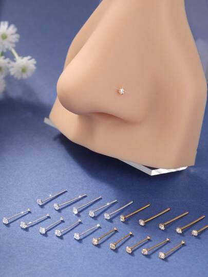 5Pcs/Set Mini White Clear AAA CZ Nose Studs - 1.5MM 2MM 3MM Thin Straight Pin & Ball Pin Nose Studs For Women & Men, Large Stone Nose Ring, Simple Nose Piercing Jewelry Handmade