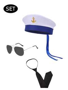 Cosplay Costume Set: Sailor Cap, Naval Cap, White Cap, Retro Flat-Top Army Cap, Captain's Sailor Hat, Blue & White Striped Captain's Hat, Sailor Hat, Scarf, Glasses, Gloves. Accessories Set For Role Play, Party Theme, Personalized Match, Sexy Outfit. Suitable For Daily Use, Gift, Valentine's Day, Halloween, Birthday, Holiday, Summer Travel, Beach, Yacht, Vacation, Events, Parties, Bars - Multicolor - View 6