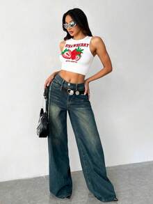 CROP TOP CON ESTAMPADO DE FRESAS ACTIVE SIN MANGA CUELLO REDONDO LIGERO Y FRESCO PARA GYM O CASUAL - Blanco - Ver 3