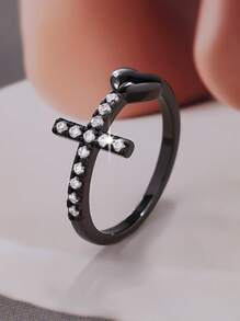1pc Fashion Geometric Cross CZ Decor Double Layer Ring, Suitable For Daily Wear & Decoration For Women