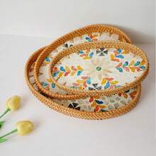 1pc Oval Shaped Bohemian Style Decorative Tray, Natural Woven Rattan & Natural Shell/Pearl Design, Handmade, Suitable For Living Room & Home Use - Yellow - View 6
