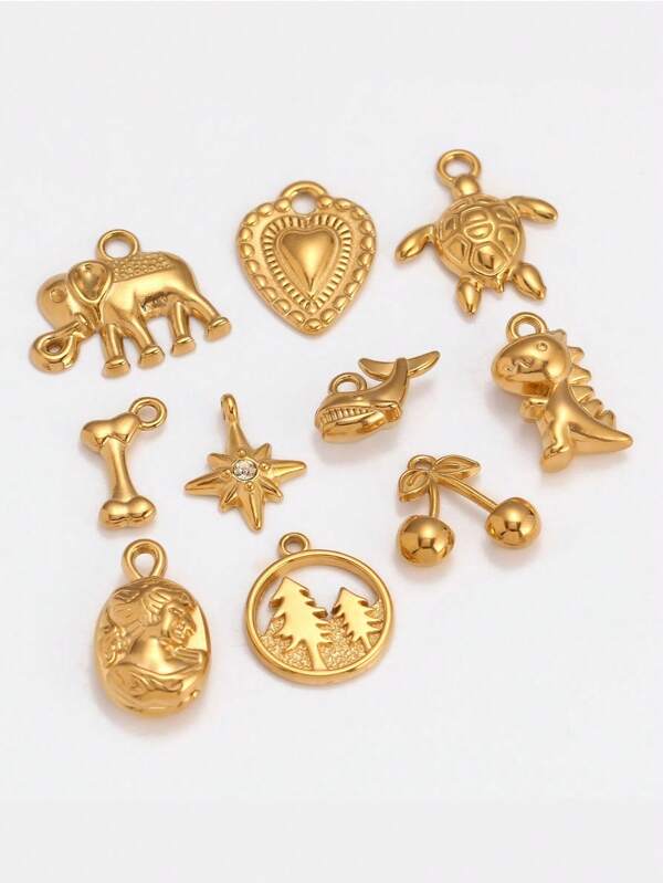 "3pcs Stainless Steel Animal Dinosaur/Elephant/Whale/Bone/Shoe/Tree/Star/Cherry/Portrait/Heart-Shaped Charm Non Fading Gold PVD Plated Necklace Pendant DIY Jewelry Making "