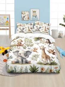 Juego de ropa de cama de 4 piezas con diseño de paisaje vívido con monos, elefantes y jirafas del bosque, que incluye funda nórdica con cremallera y estampado digital, adecuado para dormitorio, pensión, (1*Funda nórdica + 2*Fundas de almohada + 1*Sábana), regalo perfecto de primavera/verano para amantes de los dibujos animados