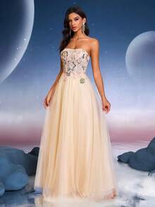 Anymoon 优雅网眼蕾丝亮片花卉装饰正式晚礼服适合正式场合毕业典礼、返校节和婚礼活动、派对礼服、礼服、婚礼宾客