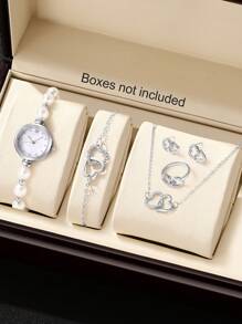 6pcs/Set Women Elegant Quartz Pearl Watch Bracelet Set With Heart-Shaped Cubic Zirconia Necklace Ring Earrings, Gift For Mother's Day, Teachers' Day, Thanksgiving, Student Graduation & Birthday, No Box
