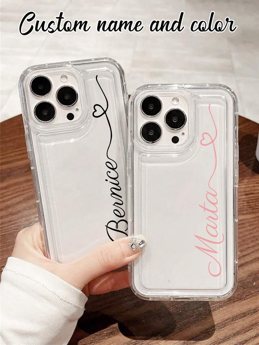 Customizable Heart Line Signature Multi-Color Letter Name Short Phrase Shockproof Thick Transparent Mirror Phone Case, Customized Phone Case, Fashion Phone Case, Mirror Phone Case Customized Name Phone Cover Suitable For 11, 12, 13, 14, 15, 16 Pro Max,Season Picks,2025phonecase - Clear - View 1