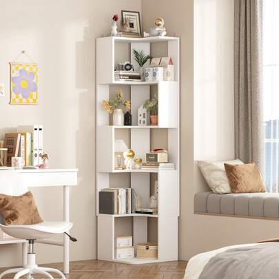 FUFU&GAGA 本棚 5段 木製 幅40×奥行40×高さ150cm おしゃれ ホワイト コーナーシェルフ オープンシェルフ・ラック ハイタイプ 収納 ディスプレイ 棚 大容量