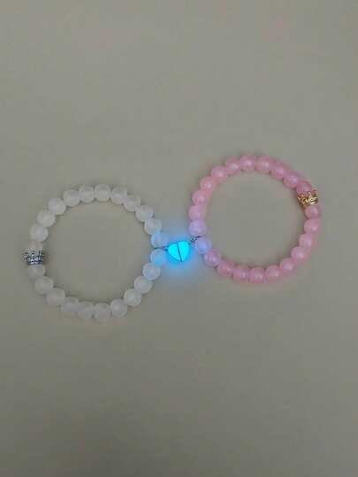 ATLVXJL 2pcs Luminous Couple Jewelry Set, Crown & Heart Shaped Glow-In-The-Dark Beaded Bracelet In White & Pink, Casual Everyday Wear, Couple/Valentine's Day Gift
