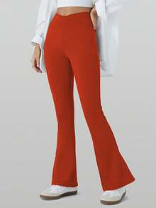 RUNONWHEELS 5 高腰喇叭裤日常健身运动紧身裤，女士提臀瑜伽紧身裤，女士高腰交叉设计喇叭紧身裤适合春季穿着 - 橘色 - 查看 8