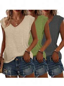 3 piezas de camisetas casuales de manga corta y cuello en V sueltas, cómodas y de moda para uso diario y en el hogar en primavera/verano
