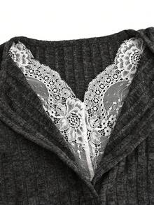 Buttons Detail Casual Lace Ruched 2 In 1 Brushed T-Shirt Top