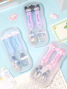 Sanrio 2 pezzi Set di posate Sanrio Hello Kitty, Kuromi, My Melody, Cinnamoroll, in acciaio inossidabile 304, con bacchette, cucchiaio e forchetta a tema cartone animato, set di stoviglie portatile con scatola di immagazzinaggio, articoli scolastici