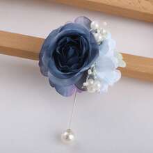 1pc Unisex Exquisite Navy Blue Rose & Pearl Flower Brooch, Delicate Light Blue Camellia Pin Suitable For Groom, Bride, Bridesmaid, Wedding, Party, Banquet, Prom Decoration Accessories Valentine's Day Accessories - Navy Blue - View 3