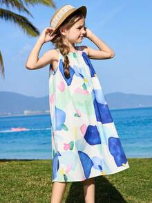 ASK JUNIOR 女童清新图案印花无袖挂脖连衣裙 - 藍色 - 查看 8