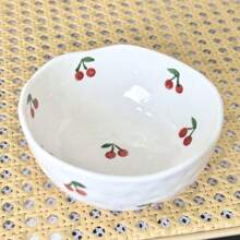 1 pieza Bol de cerámica hecho a mano de 300ml con diseño asimétrico minimalista moderno, pintado a mano con cerezas rojas, bol de cerámica redondo para ensaladas, postres, aperitivos, apto para uso doméstico, regalo de Año Nuevo y cumpleaños, regalo del Día de la Mujer 3.8, apto para lavavajillas y microondas, regalo ideal para restaurantes, aficionados a la cocción y reuniones, útiles escolares
