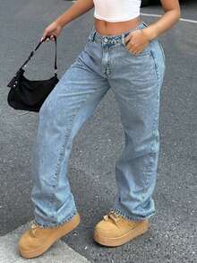 Quần jeans ống rộng denim mài bạc màu dáng petite dành cho nữ, thích hợp mặc hàng ngày vào mùa xuân. - Rửa trung bình - Xem 7