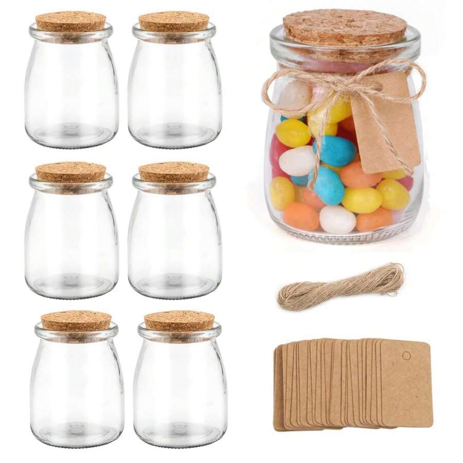 6 Pcs Glass Jars With Cork Lids, Small Yogurt Jars With Lid, Small Glass Bottles, Pudding Jars Glass Favor Containers, Mini Containers With Cork Lids, For Candy Cake Jam Honey Wedding Favor With Label Tag String - Clear - View 1