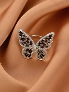 1pc Silver-Tone Multi-Color Copper Plated Cubic Zirconia Butterfly Cocktail Ring, Suitable For Women Daily Wear - Silver Black - View 15
