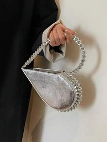 Women Heart Rhinestone Decor Handbag, Solid Color Gentle Party Tote - Silver - View 7