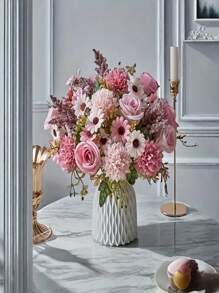 1pc/2pcs/3pcs Artificial Rose & Daffodil Flower Bouquet - Rustic Style Fake Flowers With Pink Roses, White Sunflowers And Green Leaves, Suitable For Wedding, Engagement, Birthday, Valentine's Day, Mother's Day Decoration, Spring Home Tabletop Centerpiece In Glass Vase, Event Floral Arrangement, Perfect For Christmas, Thanksgiving