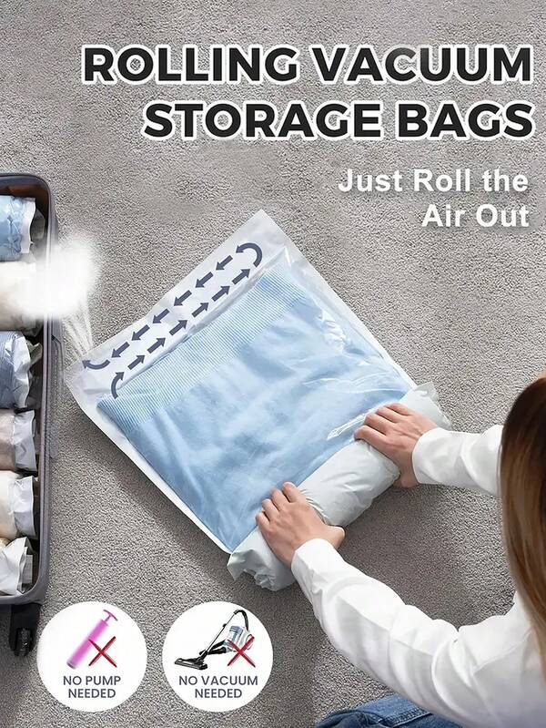 2/4 pezzi Sacchetti da viaggio per compressione arrotolati a mano - Senza pompa necessaria, Trasparente per conservare asciugamani, calze, cosmetici e altro - Finitura opaca migliorata, Disponibili in più misure Borsa per accessori scolastici