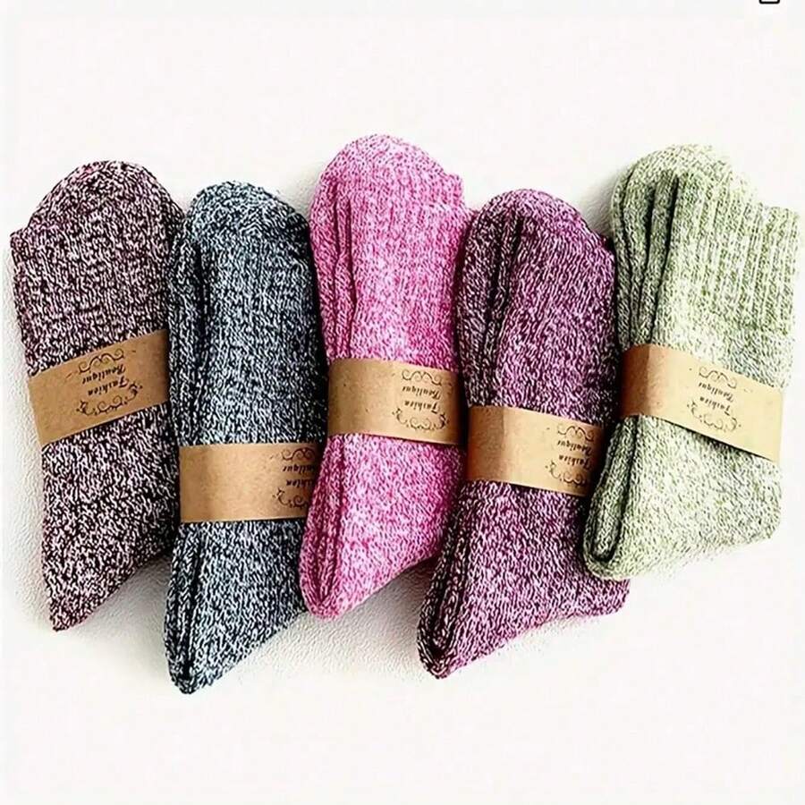 5 Pairs,Women's Spring  And Winter Warm Short Tube Socks, Women's Thick Knitted Warm And Comfortable Calf Socks, Retro Style Socks, Suitable For Outdoor Travel Wear - 5雙混合色 5 pairs-Mixed colors - 查看 1