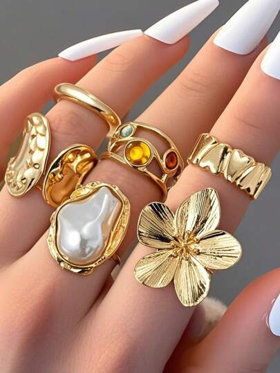 7/6pcs Fashion Elegant Chic Golden Metal Chunky Flower Shaped Faux Pearl Rhinestone Textured Rings Set, Suitable For Daily, Banquet, Party Wear, Festival Gift