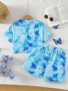 2024年夏季少女街頭風格彩虹染蝴蝶短袖T恤和短褲套裝，休閒裝 - 藍色 - 查看 9