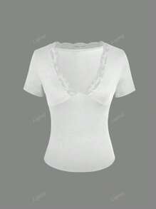 Women Fitted Lace V-Neck Short Sleeve Fashionable Elegant Commuting Versatile Sexy Y2K Top, Spring/Summer
