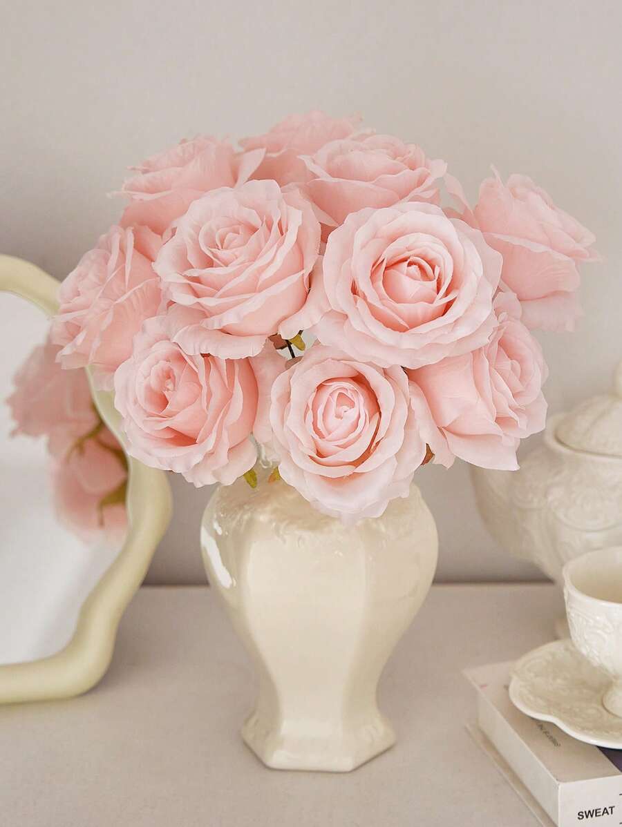 6pcs Fake Roses 3.9in Artificial Silk Flowers Faux Rose Flower Bouquet Bridal Wedding Flowers For Garland Wreath Arrangement Wedding Centerpiece Party Home Kitchen Decor