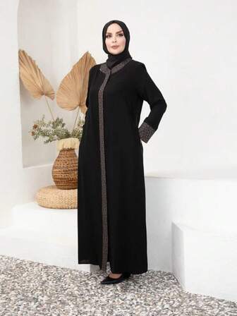 Abaya larga modesta de con detalles de ribete y puños en contraste de GDfashion Najma, vestido islámico casual de manga larga