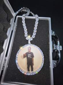 Customized Large Round Frame Photo Pendant Necklace, Brass & Zirconia Sparkling, DIY Photo, Hip Hop Daily Wear Jewelry, With 50cm Twisted Chain Gift, Silver, Stylish, Colorful, Vintage, Simple, Unisex, Casual, Cuties, Custom, Personalized, Unique, Ideal Gifts For Him, Middle School Students, High School Senior High School Students, College Students, University Students, Freshman, Sophomore, Underclassmen,Chic Autum, Chic Winter