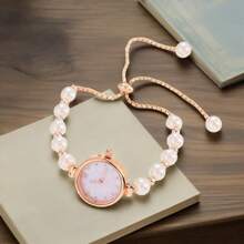 1 pieza Elegante reloj de cuarzo casual de mujer con cadena de metal con cuentas, accesorio adorable de perlas artificiales para fiesta