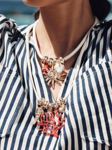 1pc Luxurious High-End Design Ocean Vacation Style Alloy Coral Faux Pearl Pendant Double Layer Leather Cord Necklace For Women, Versatile