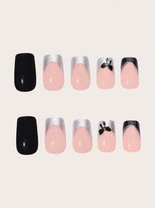 24 Peças Kit de Unhas Postiças de Formato Quadrado Curto para Outono e Inverno, Flores Elegantes Rosa Quente e Folha de Ouro Brilhante, Ajusta-se Perfeitamente, Kit de Unhas Falsas de Cobertura Completa, Inclui 1 Peça Folha de Adesivos e 1 Peça Lixa Miniatura, Para Mulheres Uso Diário, Escritório, Festa em Casa, Acessórios de Joias, Pontas de Unhas Falsas, 1 Peça Tira de Lima Gel Gelatina Envio Aleatório