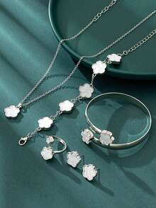 1 Set Girl Jewelry Gift, Includes 1pc Classic Lucky Four-Leaf Clover Pendant Necklace, 1pc Bracelet, 1 Pair Earrings, Perfect Birthday Gift For Back To School Season - White - View 2