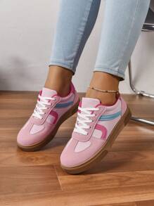 Women's Round Toe Lace-Up Contrast Color Flat Sneakers, Spring/Autumn Campus Style Fabric Trainer Shoes