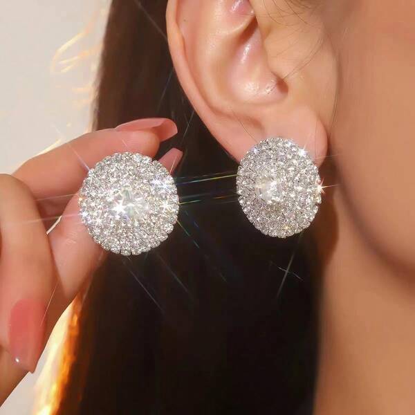 1 Pair Extra Bling Fully Rhinestoned Large Round Stud Earrings, Fashion Nightclub Accessory For Women, Glittery Party Outfit Jewelry