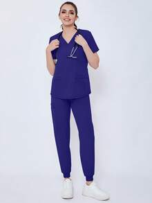 (Four-Piece Set) Scrubs Uniform Women's Running Matte Elastic Sports Nurse  Uniform Wash Clothes Work Clothes Breathable Scrub Shirt - Royal Blue - View 9