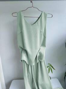 Damen Frühling/Sommer elegantes Lässig Set bestehend aus dünnem Jacquard Viskose-ähnlichen Stoff V-Ausschnitt Tanktop und geraden Hose, 2-teilig