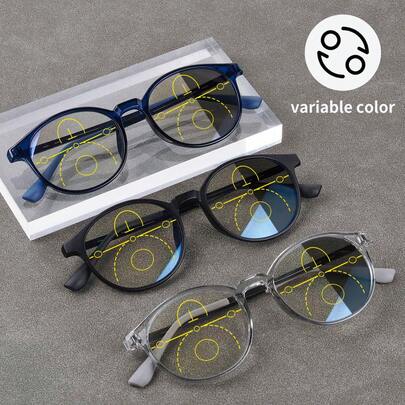 Óculos de leitura fotocromáticos multifocais progressivos, armação redonda vintage, armação TR ultraleve, confortável e leve, unissex